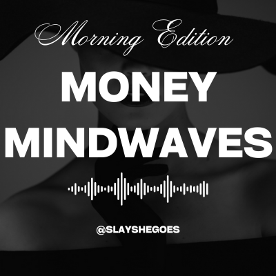 Promotional graphic for 'Money Mindwaves' with text and sound wave icon on a black background.