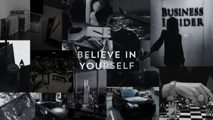 Collage of various images with motivational text 'BELIEVE IN YOURSELF' and business-themed elements.