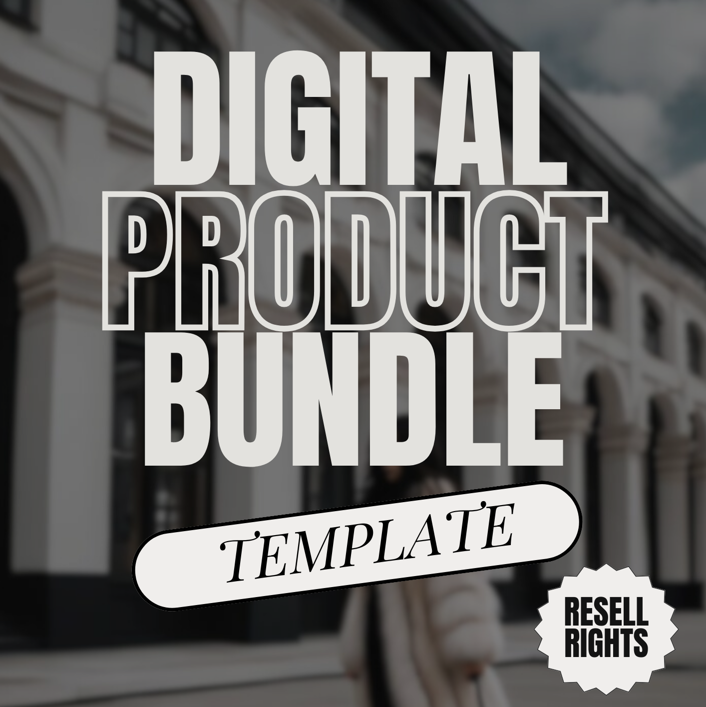 Digital product bundle template with text overlay on a blurred background