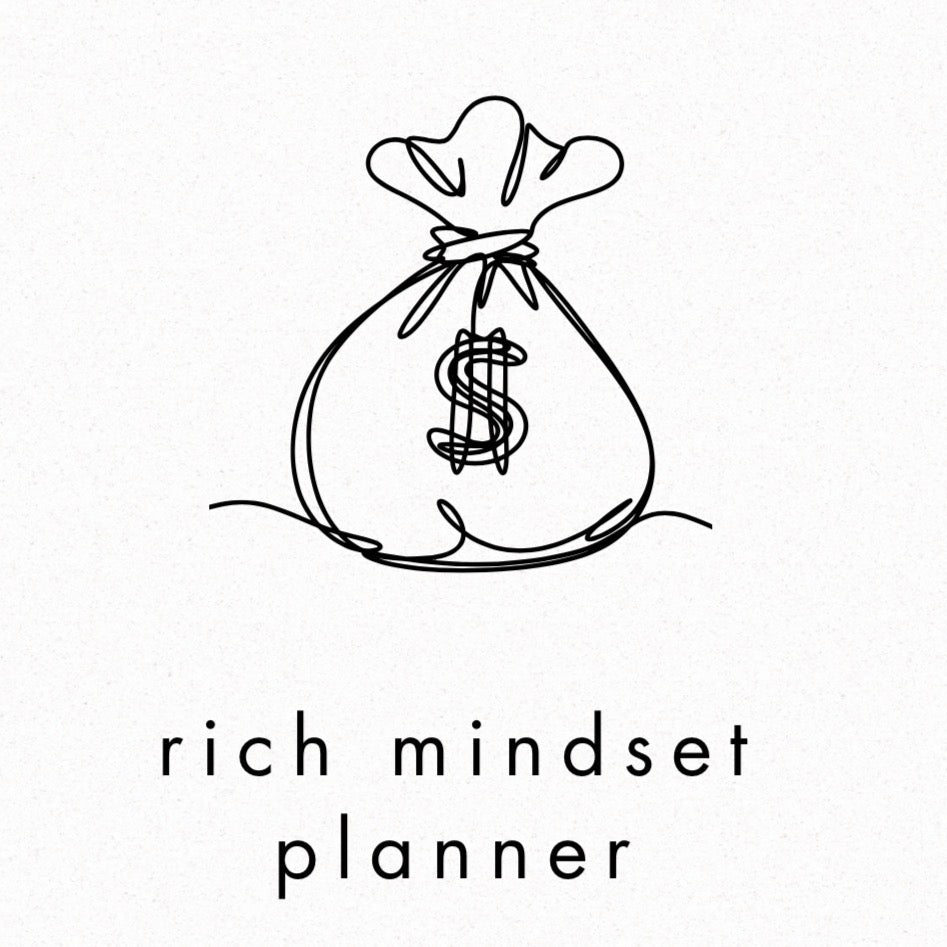 Bag of money icon with 'rich mindset planner' text on a white background