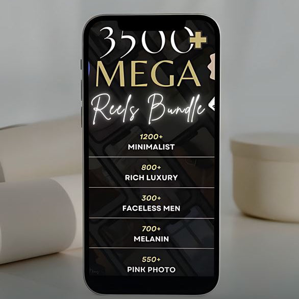 Phone displaying '3500 Mega Reels Bundle' with product details on a minimalistic background